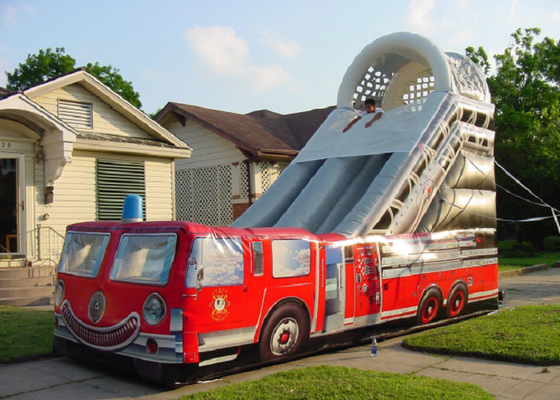 Firetruck Baskılı Şişme Bouncy Slayt 9mx4m Yüksek Gerilme Güçlendirilmiş Puan
